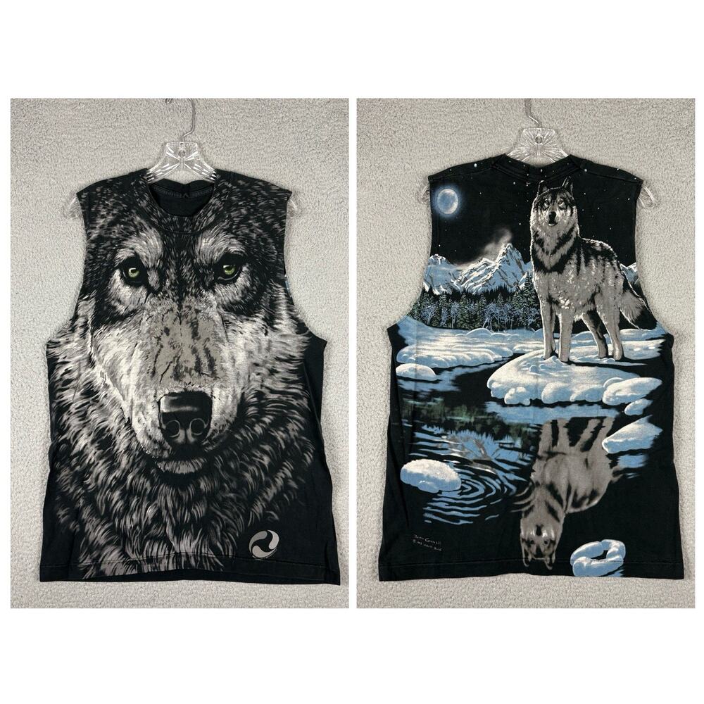 Vtg Liquid Blue T-shirt Men’s Large Wolf Nature Moonlight AOP Cut Off 1995 USA